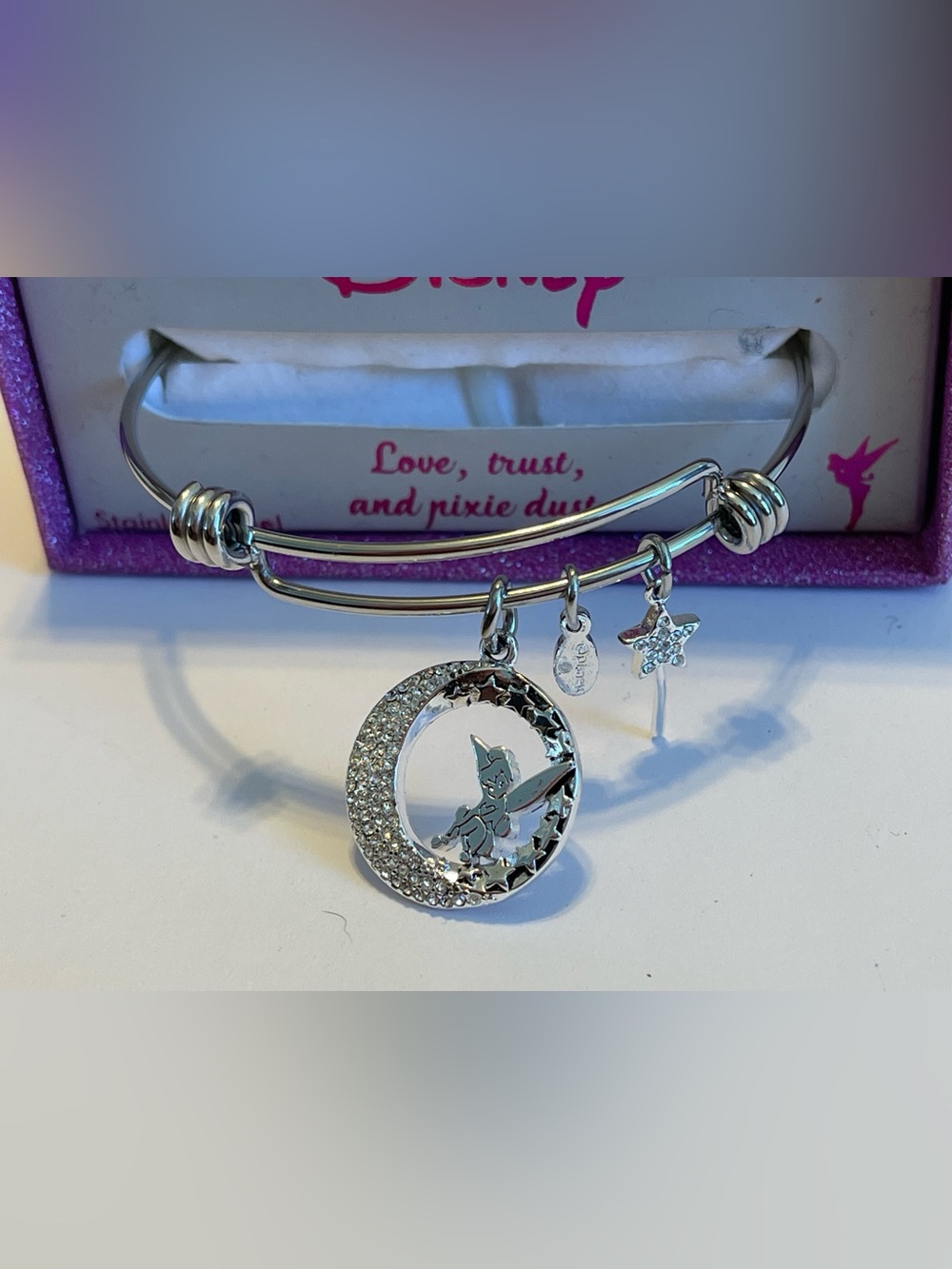 Disney Tinkerbell Stainless Steel Bangle Charm Bracelet Love Trust & Pixie Dust